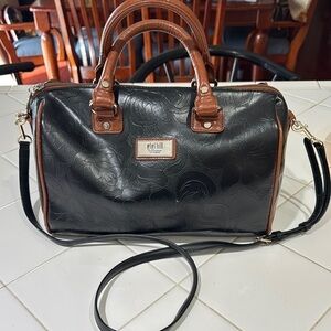 Black and Brown Crossbody Bag with Adjustable Strap and Gold Hardware